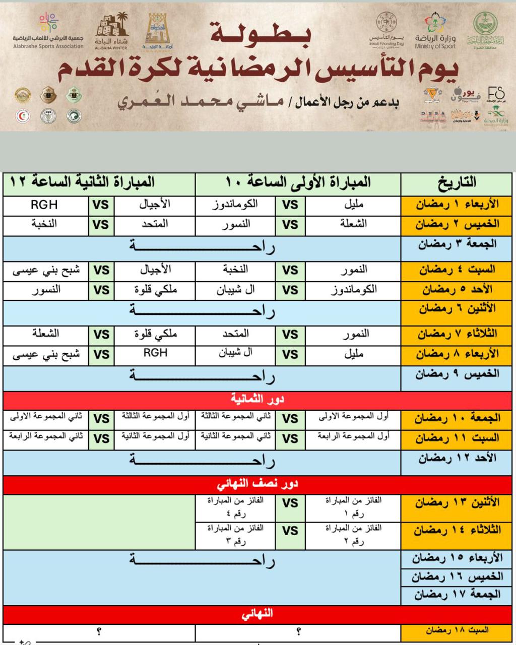جدول بطولة يوم التأسيس لعام ٢٠٢٦